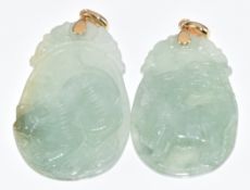 Two carved jadeite pendants with 14k gold pendant loops, 13.6g, 3.5cm
