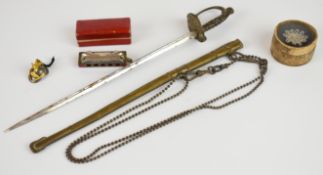 Miniature items including 19thC sword in scabbard with beaded chain, Grand Tour Roman helmet in