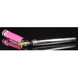 Laban fountain pen with pink cap, 925 silver body, gen set clip and iridium bib, 14cm long.