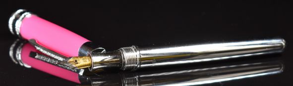 Laban fountain pen with pink cap, 925 silver body, gen set clip and iridium bib, 14cm long.