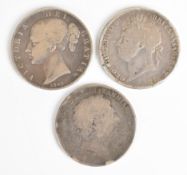 1845 Queen Victoria crown and two George III crowns, one 1821 the other rubbed, weight of all