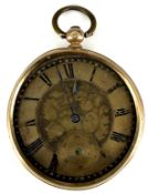 Unnamed 14ct gold open faced pocket watch with subsidiary seconds dial, blued hands, black Roman
