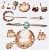 A 9ct gold brooch set with a cameo, pair of 9ct gold cameo earrings, 9ct gold brooch set with