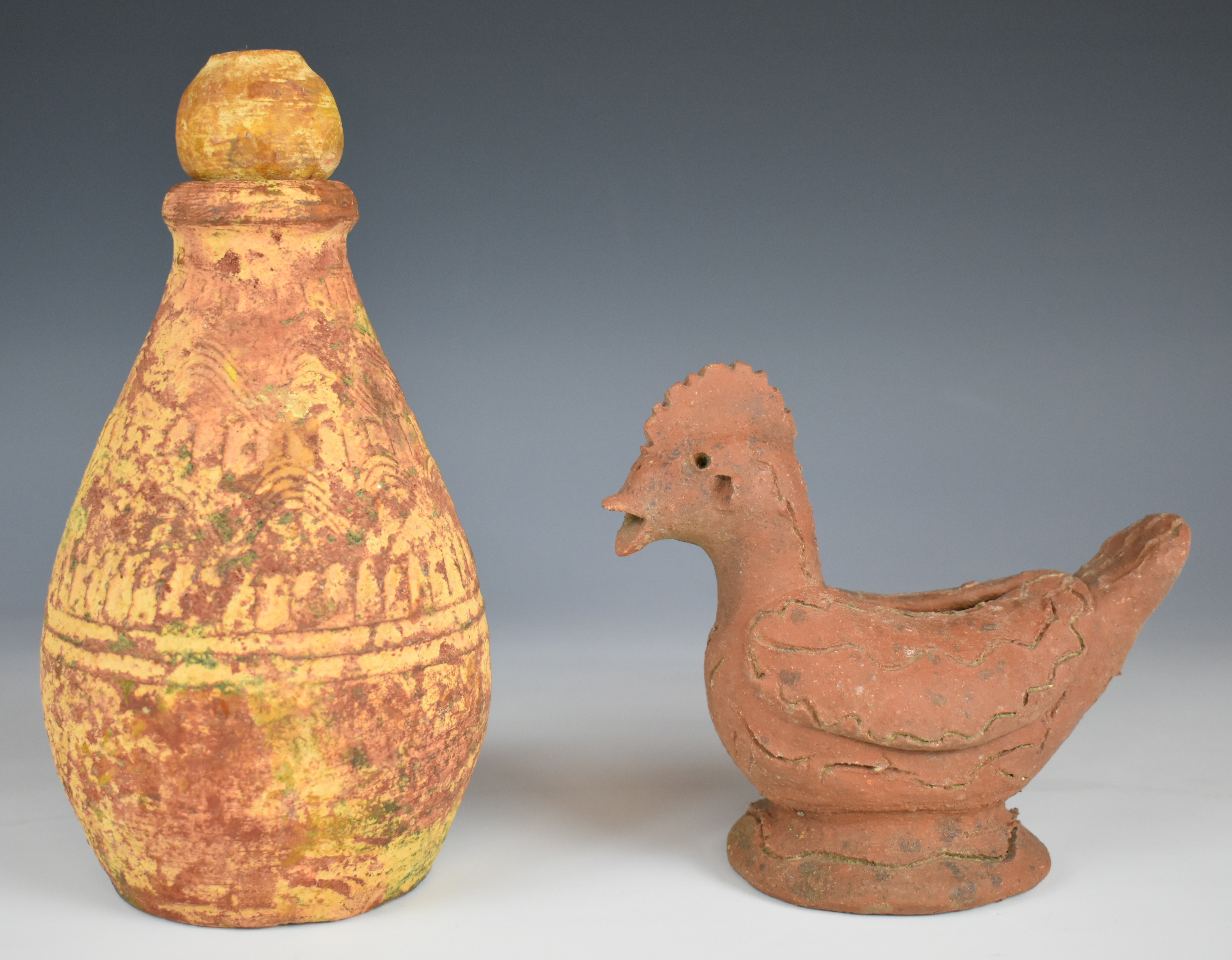 Eastern pottery terracotta figure of a chicken and a pottery bottle with moulded decoration, tallest - Image 2 of 3