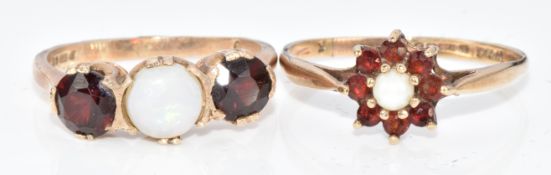 Two 9ct gold rings, one set with a pearl and garnets and the other an opal and garnets, 3.7g, size Q