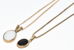 Two 9ct gold pendants, one set with an opal and the other oynx, on 9ct gold chains, 4.8g, both 39cm