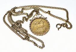 1902 gold full sovereign in 9ct gold pendant mount, on 9ct gold curb link chain, 20.1g, 54cm