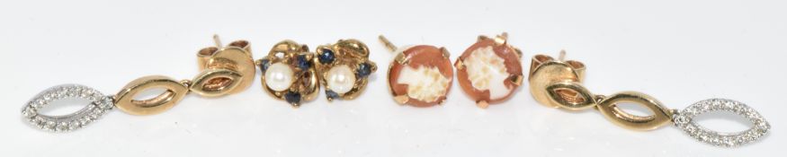 Three pairs of 9ct gold earrings, one set with cameos, one diamonds and the other a pearl and