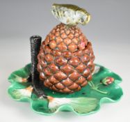 19thC Minton majolica pine cone inkwell / Standish with figural bird cover, impressed Minton 1525 to