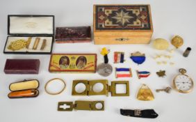 Masonic jewel, 9ct gold and amber cheroot holder, brass magnifier, plated pocket watch, Mappin