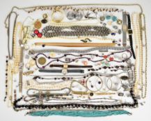 A collection of jewellery including rolled gold locket, freshwater pearl necklace, A&S brooch,