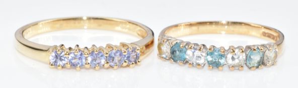Two 9ct gold rings, one set with tanzanites the other topaz and cubic zirconia, 2.8g, sizes I and