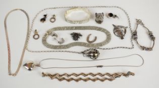 A silver pill box in the form of a bulldog and a collection of silver jewellery including Celtic