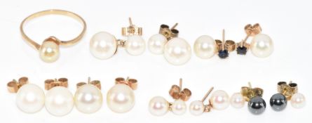 Six pairs of 9ct gold earrings, all set with pearls and one pair sapphires and pearls (10g), and a
