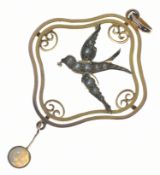 Edwardian 9ct gold pendant in the form of a swallow, set with split pearls and an opal, 2.5g, 2.6