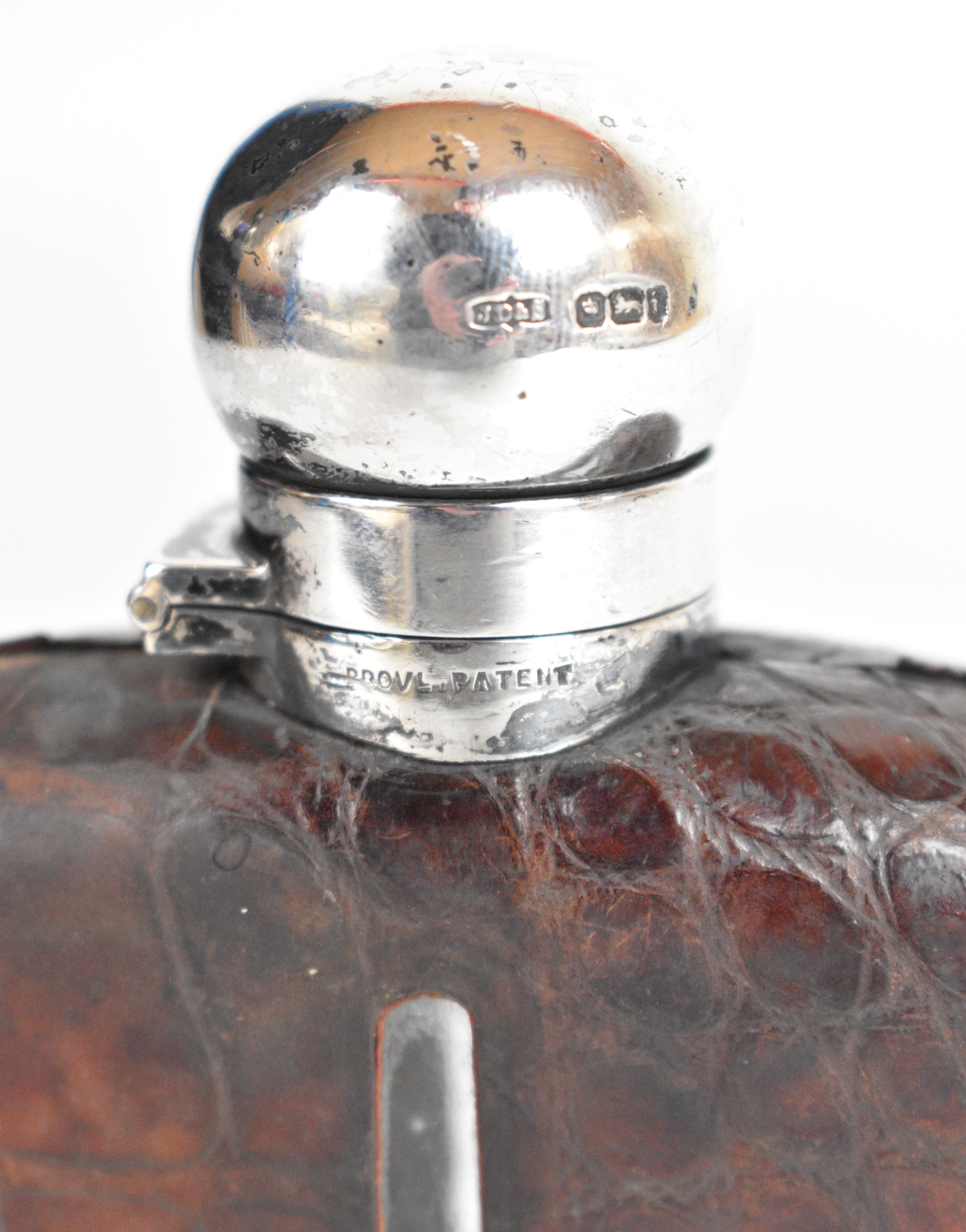 Edward VII hallmarked silver and glass hip flask with captive screw cap and pull off cup, engraved - Image 4 of 5