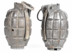 Two inert Mills Bomb WW1/WW2 No36M Mk1 grenades, one with initials M&P (May & Padmore) other with