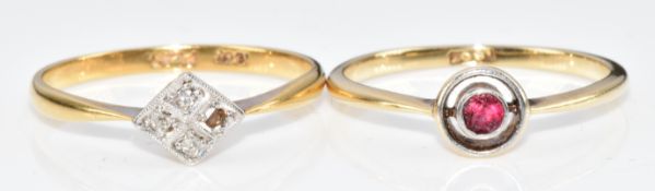 Two 18ct gold rings, one set with diamonds (one missing) and the other paste, 3.3g, sizes M & N