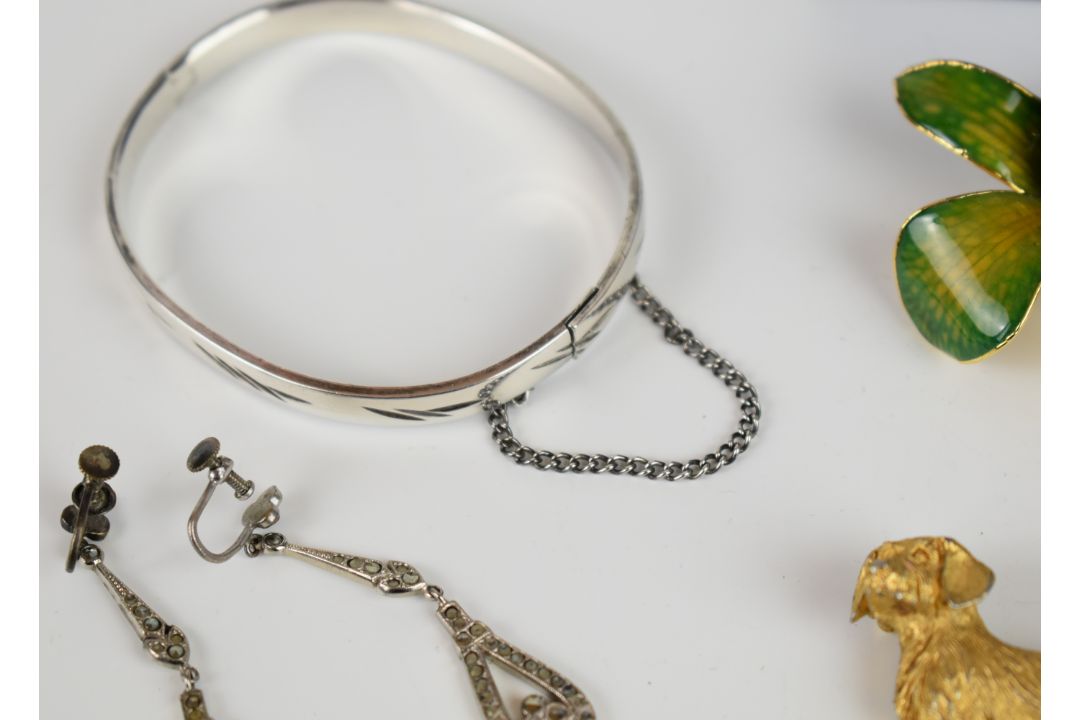 Three silver pendants set with pressed amber, synthetic opal and paste, marcasite earrings, - Image 5 of 9