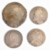 Charles I shilling, two William III sixpences and a 1757 George II sixpence