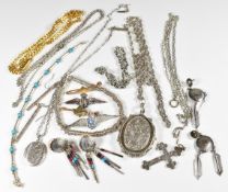 A collection of jewellery including two silver bracelets, four silver chains, Victorian silver