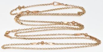 Victorian 9ct gold guard chain made up of spherical, elongated and circular faceted links, 24.5g,