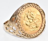 A 9ct gold ring set with a 2000 Elizabeth II gold half sovereign, 7.4g, size T