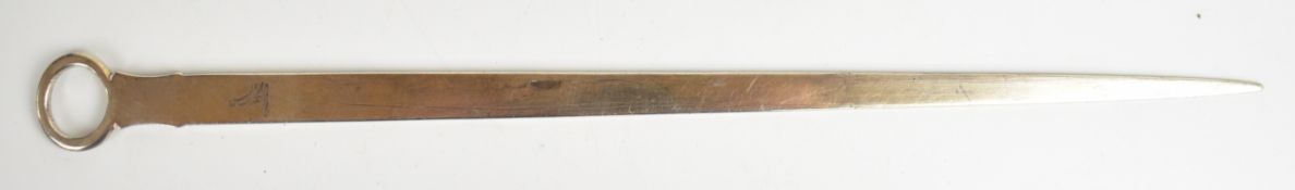 Georgian hallmarked silver meat skewer with loop handle, marks rubbed but maker's mark likely Thomas