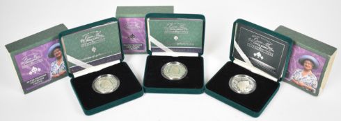 Three Royal Mint silver piedfort centenary crowns for Queen Elizabeth the Queen Mother's centenary