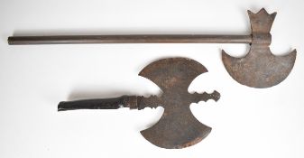 Two Indo Persian battle axes or Tabar, the larger with original remnant of a handle and the
