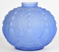 Oreor French Art Deco moulded glass vase of globular form with frosted blue finish, 24cm in diameter