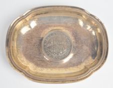 Swiss silver tray with commemorative Swiss banking medallion and Jezler 925 sterling marks to