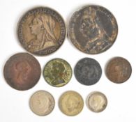 Georgian and later British coinage to include 1890 and 1893 crowns, 1807 halfpenny, 1895 farthing