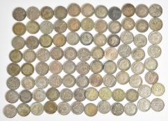 Approximately 125g pre 1947 British silver coinage comprising 91 George V and George VI 3d coins