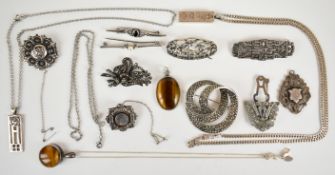 A collection of mainly silver jewellery including ingot pendant on chain, three marcasite