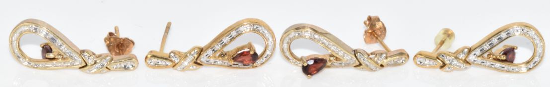 Two pairs of 9ct gold earrings, both set with garnets and diamonds, with certificates, 5.2g