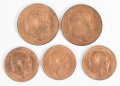 Two 1902 Edward VII pennies and three similar halfpennies