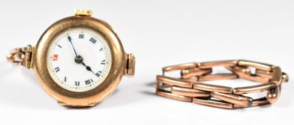 Edwardian 9ct gold ladies wristwatch with blued hands, black and red Roman numerals, white dial