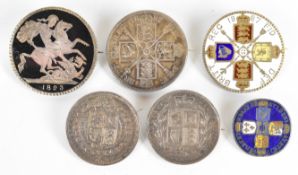 Six Georgian and Victorian brooches made from coins including three decorated with enamel, weight of