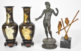 Bronze birds, papier mâché vases etc, tallest 33cm