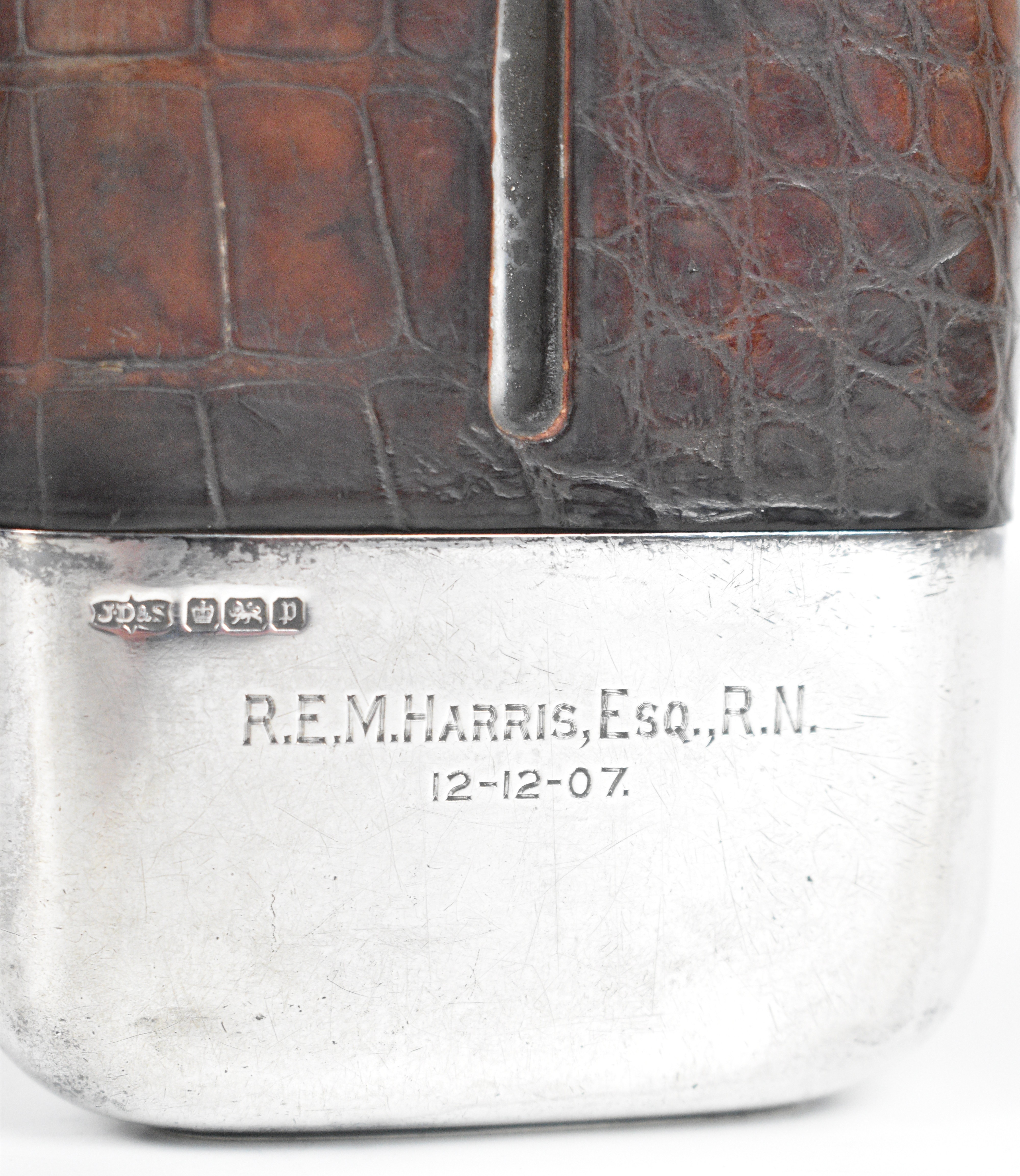 Edward VII hallmarked silver and glass hip flask with captive screw cap and pull off cup, engraved - Image 3 of 5