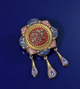 A 19thC yellow metal brooch set with micro mosaic depicting foliage, with three drop sections, in