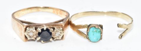 A 9ct gold ring set with a round cut sapphire and diamonds (3g, size N) and a Victorian ring set