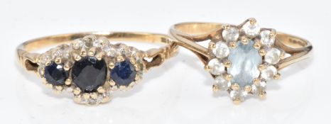 A 9ct gold ring set with sapphires and diamonds and a 9ct gold ring set with topaz, 3.7g, size O &
