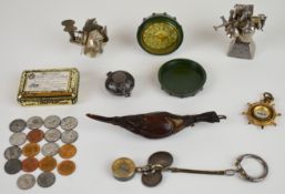 Silver figure carrying charms / implements, three compasses, white metal reliquary pill box,