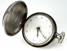 Unnamed hallmarked silver full hunter pocket watch with black Arabic numerals, white enamel dial and