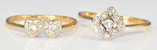 Two Art Deco 18ct gold rings set with diamonds, 4.8g, size Q & S