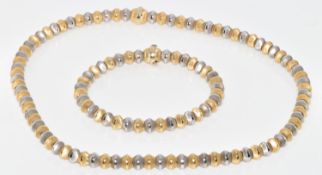 An 18ct gold bi-coloured necklace and bracelet made up of polished and matte beads, 62.2g, 20cm &