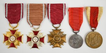 Polish (People's Republic) medal group of five comprising Cross of Merit 1st, 2nd, and 3rd Class, 30