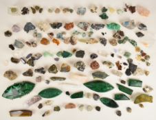 A collection of gemstones / mineral specimens including rose quartz, malachite, aventurine quartz,